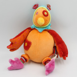 Doudou musical oiseau chouette orange rouge bleu vert Dragobert MOULIN ROTY