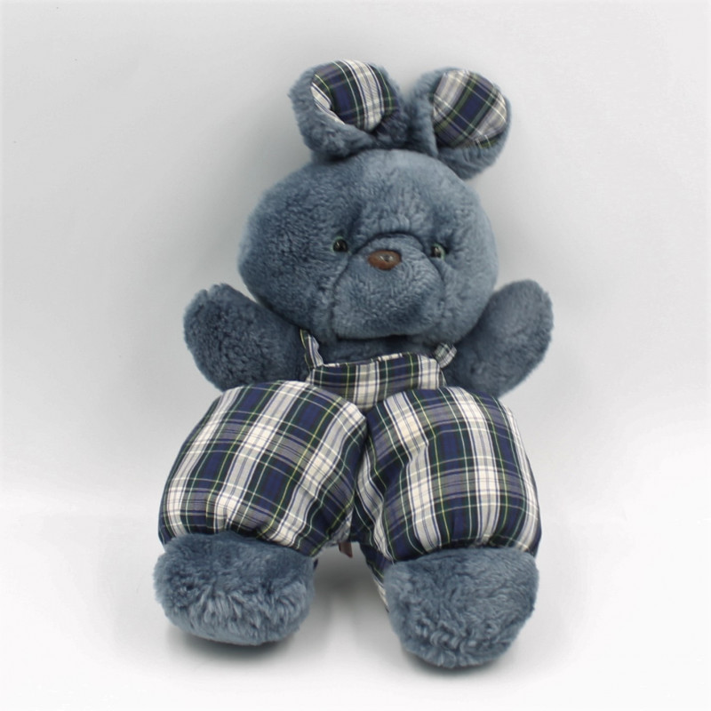 Ancienne peluche lapin bleu marine carreaux NOUNOURS