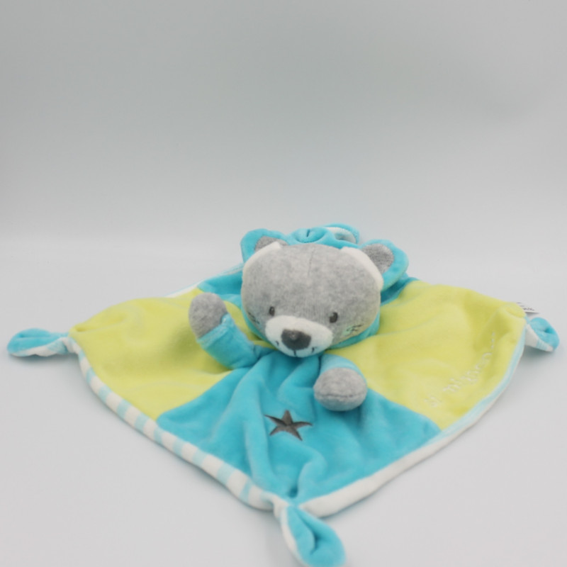 Doudou plat lapin gris bleu vert rayé si mignon Simba Toys