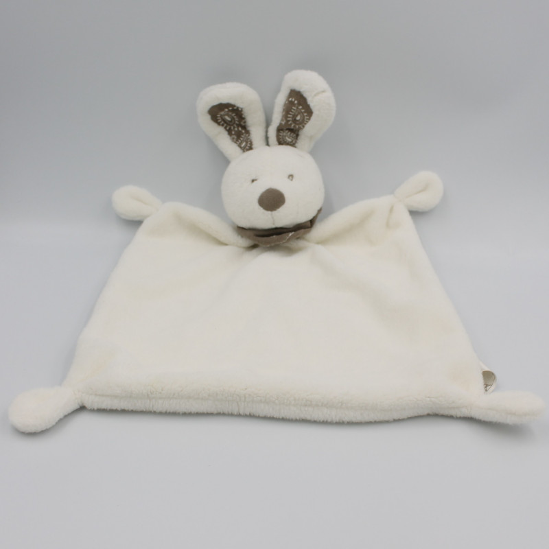 Doudou plat lapin blanc bandanas beige NICOTOY