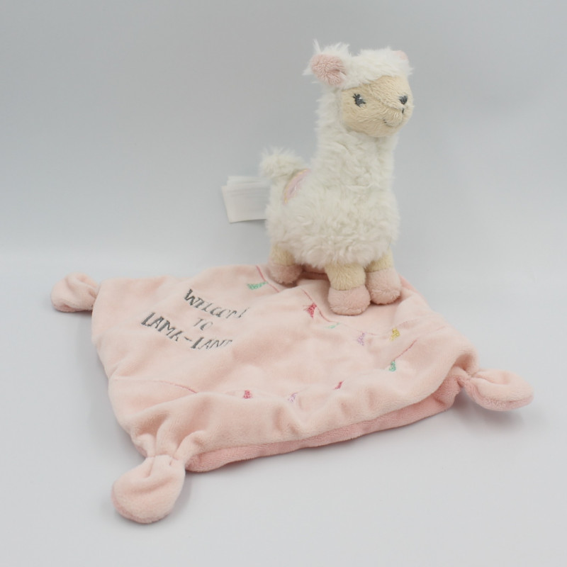 Doudou peluche lama blanc rose vert jaune mauve mouchoir TEX