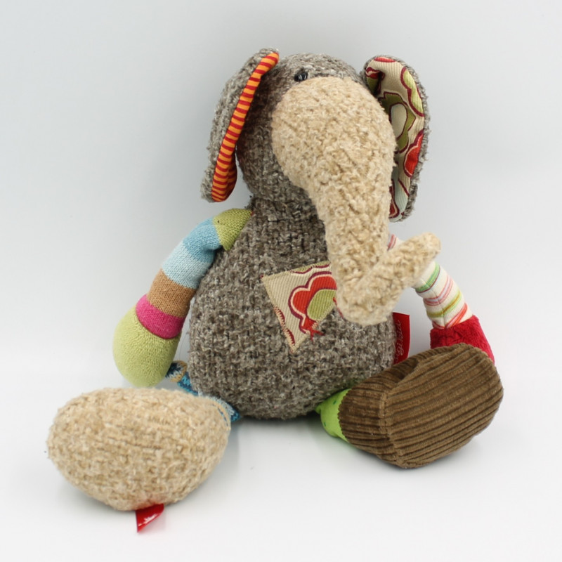 Doudou éléphant marron rouge bleu vert rayé SIGIKID
