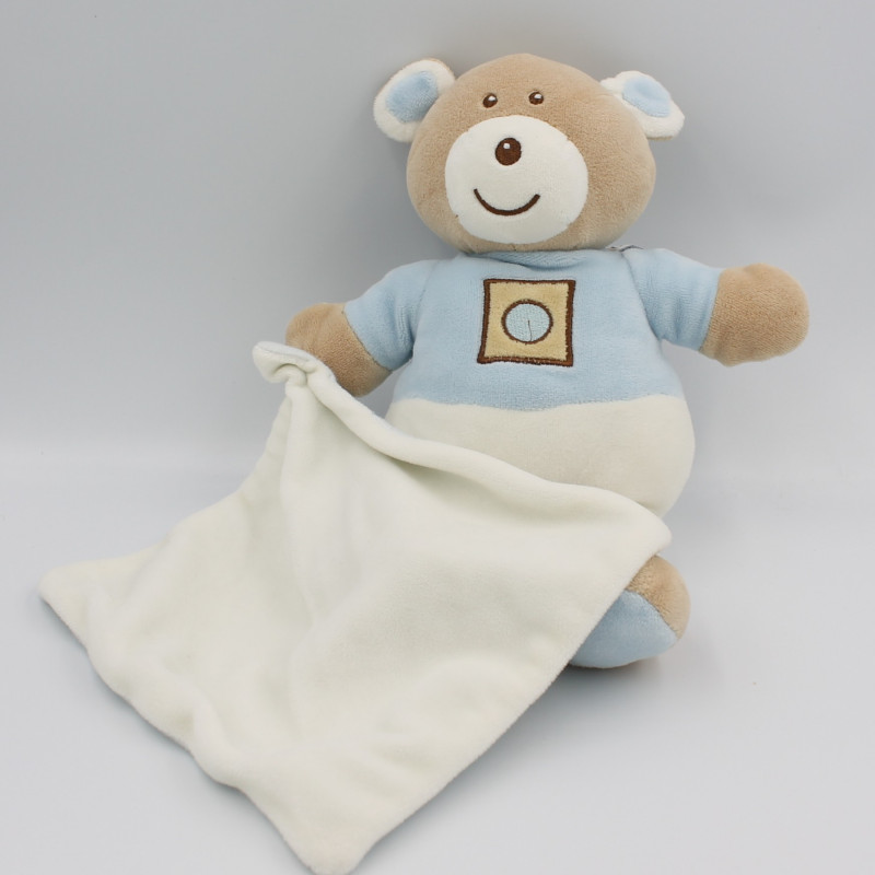 Doudou ours beige bleu blanc mouchoir AJENA