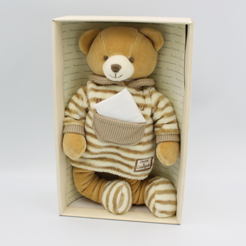 Doudou et compagnie ours beige rayé poche mouchoir Mon Doudou
