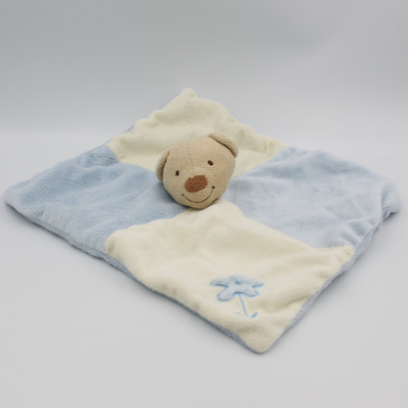 Doudou plat ours bleu blanc fleur NICOTOY