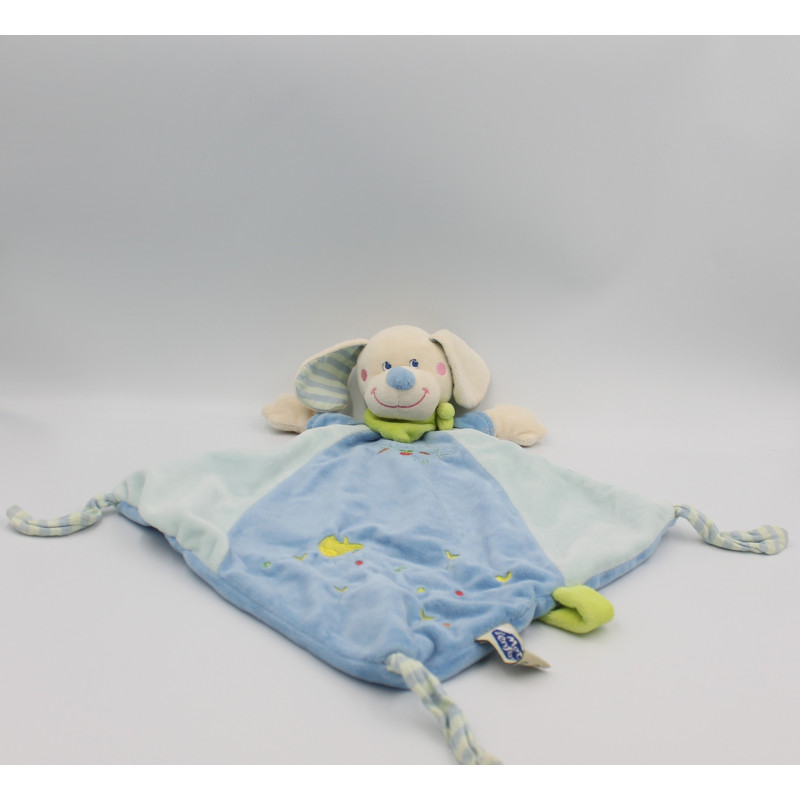 Doudou plat chien bleu foulard vert MOTS D'ENFANTS