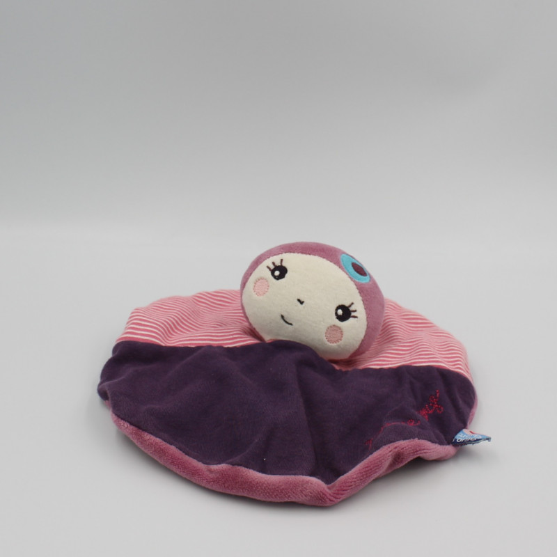 Doudou plat poupée lutin rose violet rayé SUCRE D'ORGE