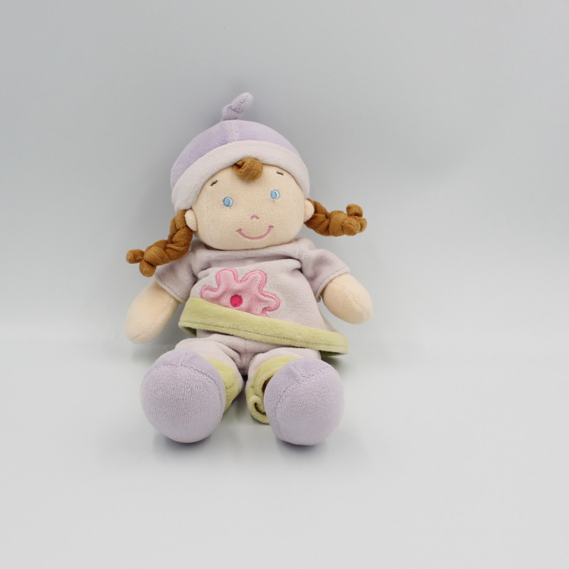 Doudou poupée lutin fille mauve vert fleur MOTS D'ENFANTS