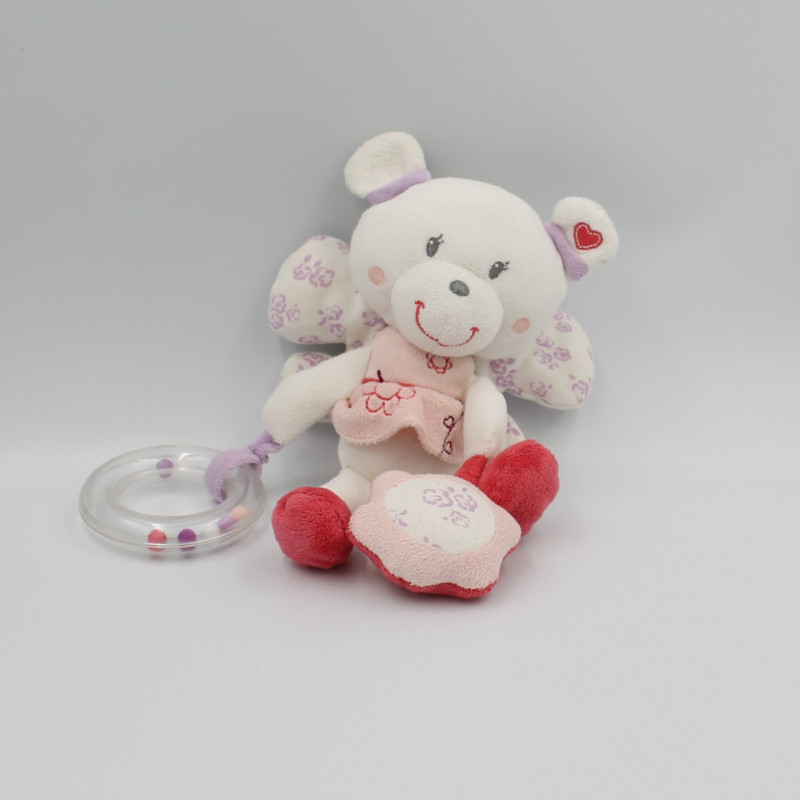 Doudou ours papillon blanc rose mauve fleurs hochet POMMETTE