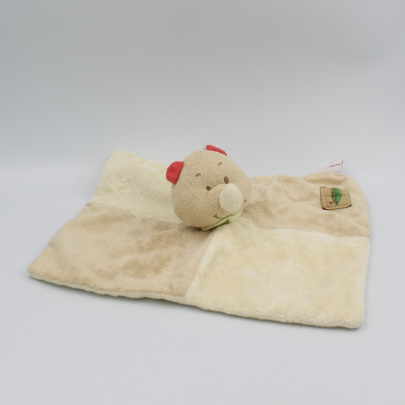 Doudou plat rhinocéros beige rouge foulard vert BENGY