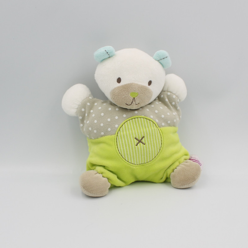Doudou semi plat ours vert gris bleu pois POMMETTE