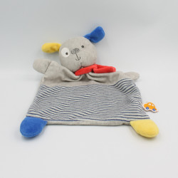 Doudou plat chien gris bleu jaune rouge rayé MOTS D'ENFANTS