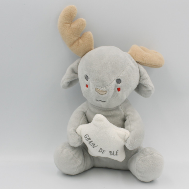 Doudou musical renne cerf elan gris étoile GRAIN DE BLE