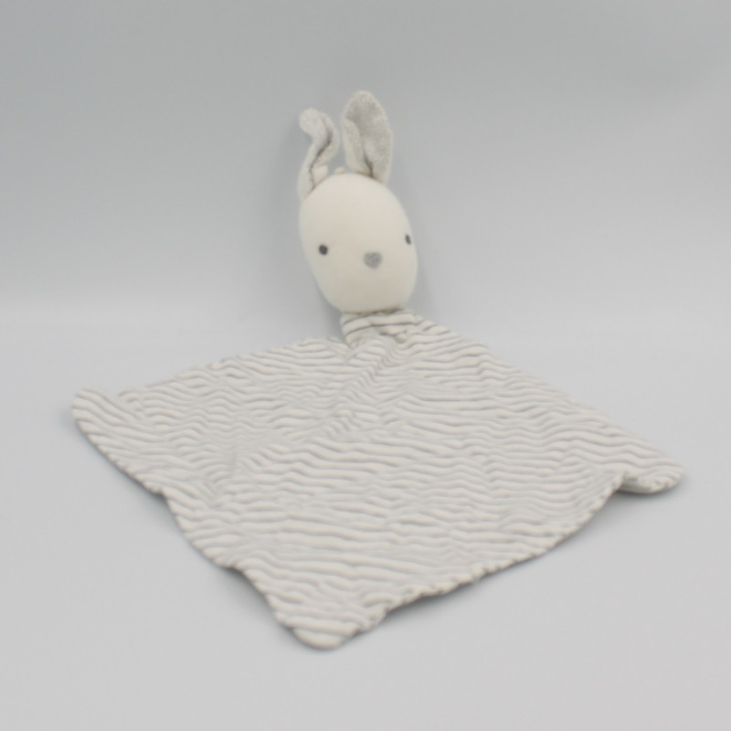 Doudou plat lapin blanc rayé gris noir OBAIBI