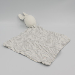 Doudou plat lapin blanc rayé gris noir OBAIBI