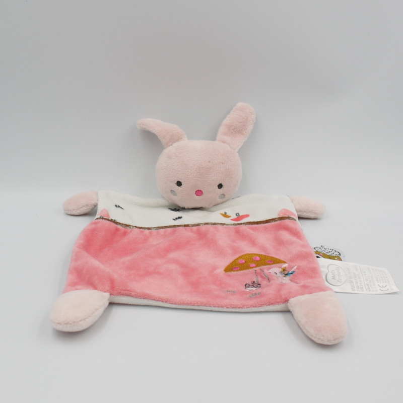 Doudou plat lapin rose blanc champignon MOTS D'ENFANTS