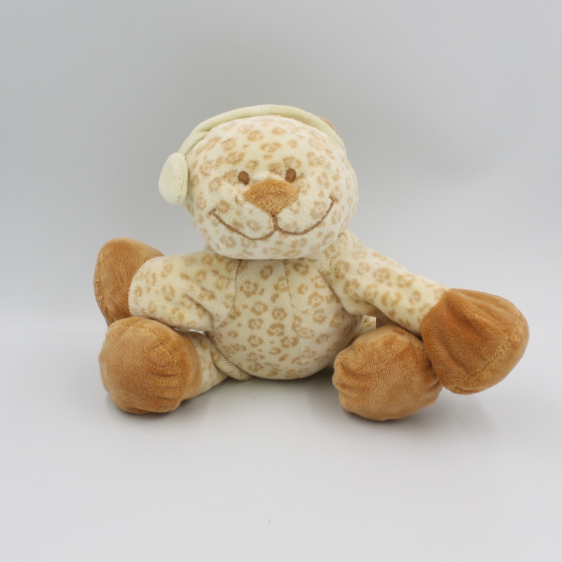 Doudou tigre léopard Léo beige marron bonnet vert NOUKIE'S