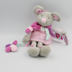 Doudou et compagnie souris grise rose violet hochet fleur Pearly