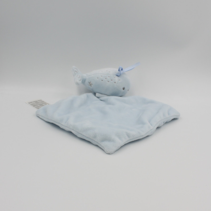 Doudou plat baleine bleu mouchoir MOTS D'ENFANTS