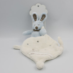 Doudou plat lapin bleu gris mouchoir blanc NICOTOY
