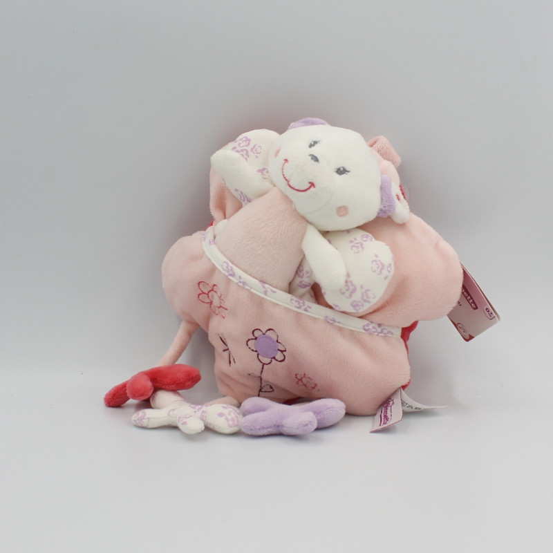 Doudou coussin fleurs rose avec ours POMMETTE NEUF