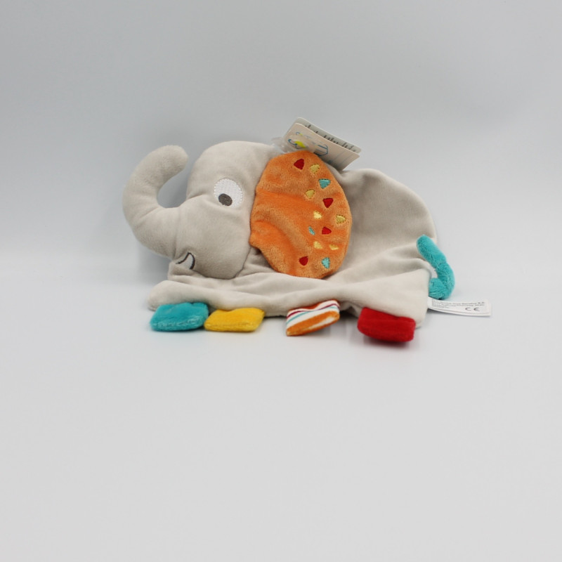 Doudou plat éléphant gris orange jaune bleu KIABI SIMBA TOYS NEUF