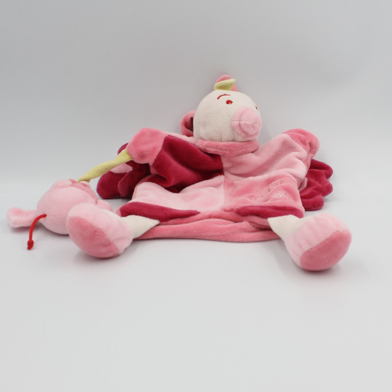 Doudou et compagnie plat marionnette oiseau rose avec bébé