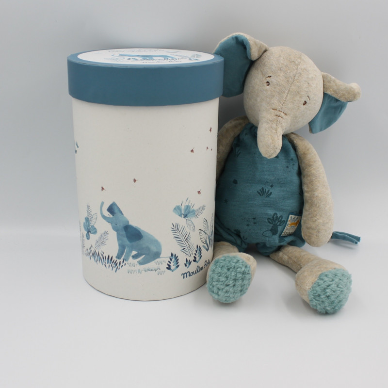 Doudou éléphant bleu gris Bergamote Sous mon baobab MOULIN ROTY