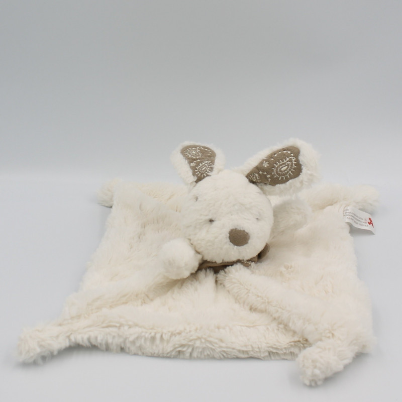 Doudou plat lapin blanc bandanas gris beige NICOTOY
