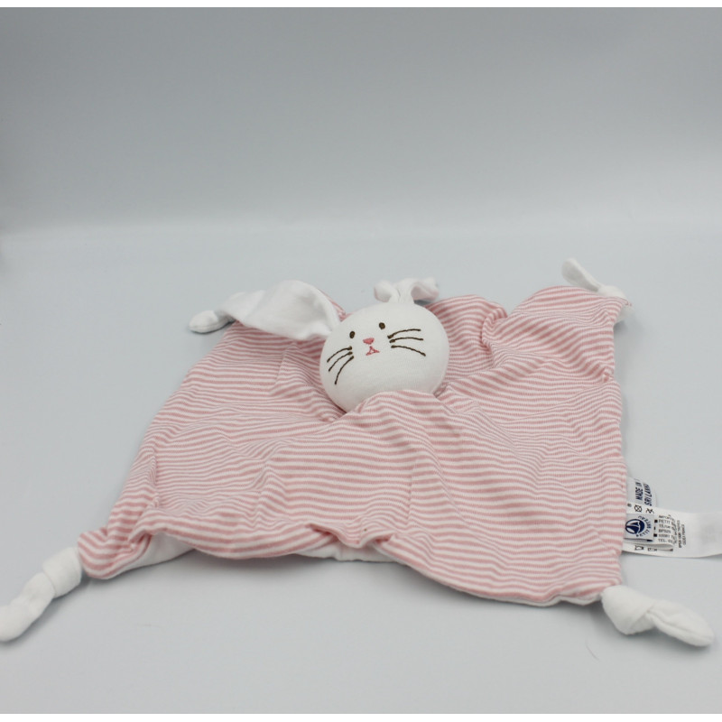 Doudou plat lapin rose blanc rayé PETIT BATEAU