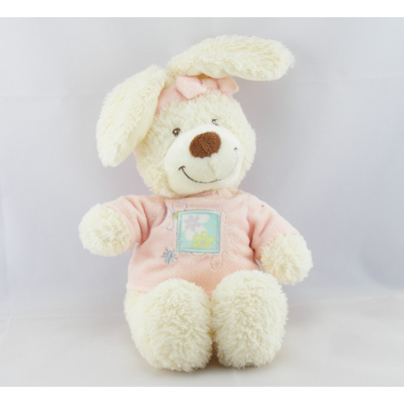 Doudou hochet lapin blanc robe rose papillon TEX BABY