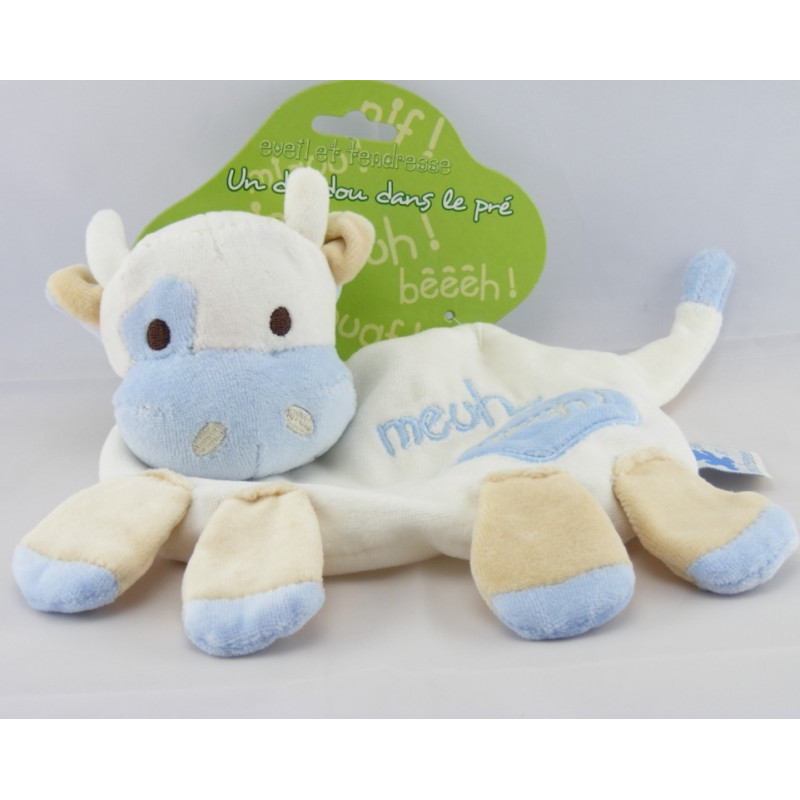 Doudou plat Vache Meuh ! bleu EVEIL ET TENDRESSE