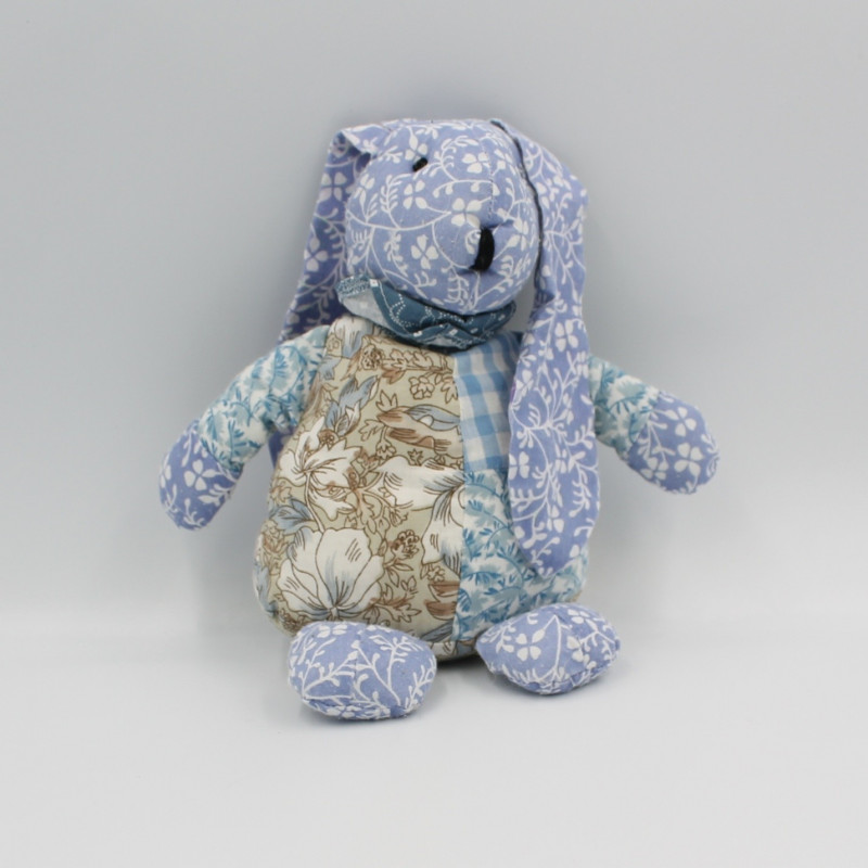 Doudou lapin bleu fleurs GERCA