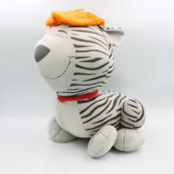 Grand Doudou peluche chat tigré gris casquette orange CARRE BLANC