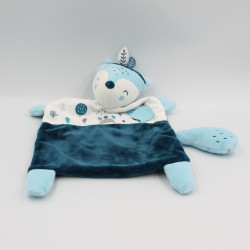 Doudou plat raton renard indien bleu blanc MOTS D'ENFANTS