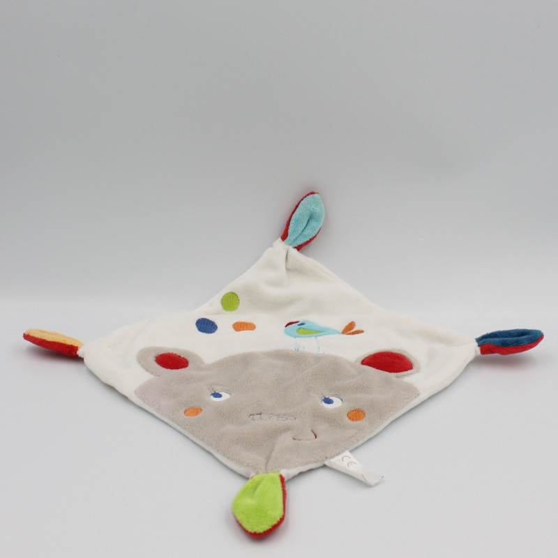 Doudou plat carré ours oiseau blanc gris bleu vert orange rouge NICOTOY