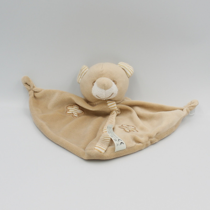 Doudou plat ours beige blanc rayé fleurs CA CREDIT AGRICOLE