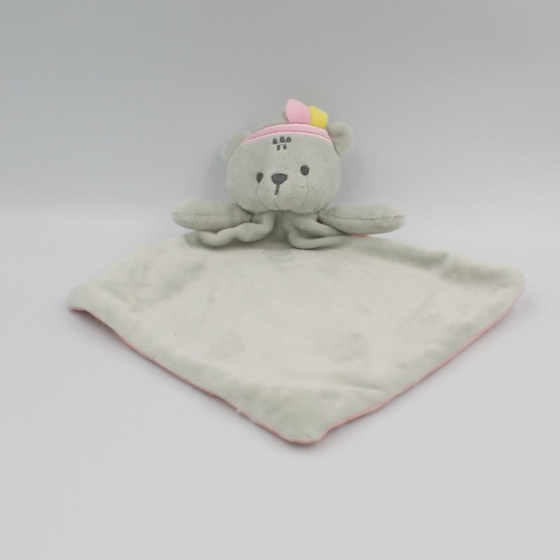 Doudou plat ours gris rose indien plumes TOM & ZOE