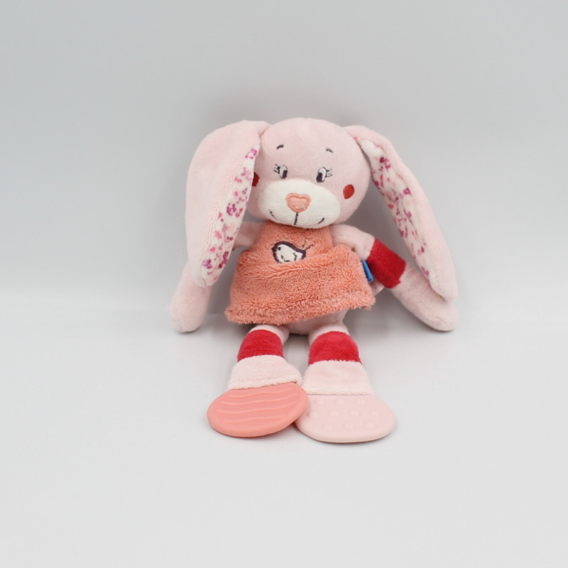 Doudou lapin rose fleurs oiseau dentition TEX BABY