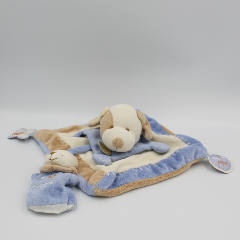 Doudou et compagnie plat chien bleu beige blanc J'aime Maman Papa