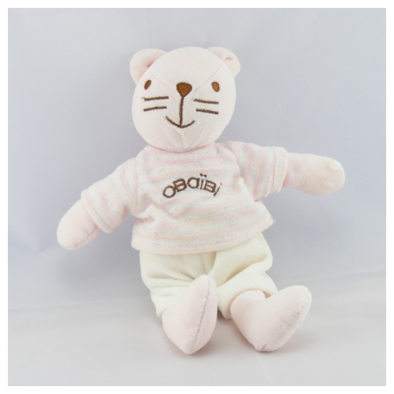 Doudou chat rose pull rayé rose OBAIBI