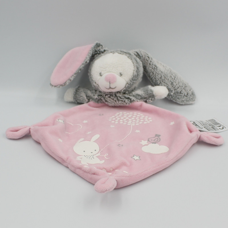 Doudou plat luminescent lapin ours gris rose blanc étoiles MOTS D'ENFANTS