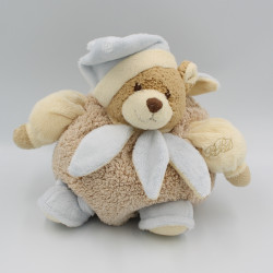 Doudou ours boule beige blanc bleu col pétale BUKOWSKI