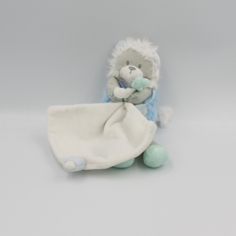 Doudou et Compagnie lion bleu gris blanc mouchoir