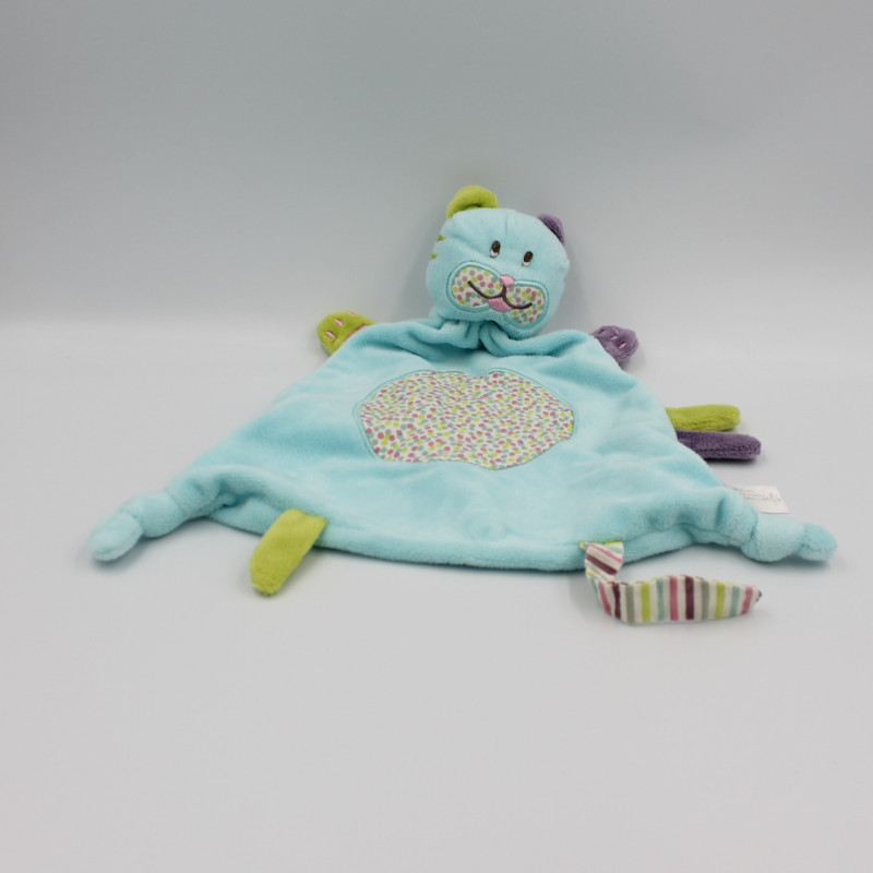 Doudou plat chat bleu violet vert NICOTOY MONOPRIX