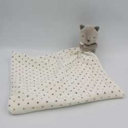 Doudou chat beige gris mouchoir blanc pois OBAIBI