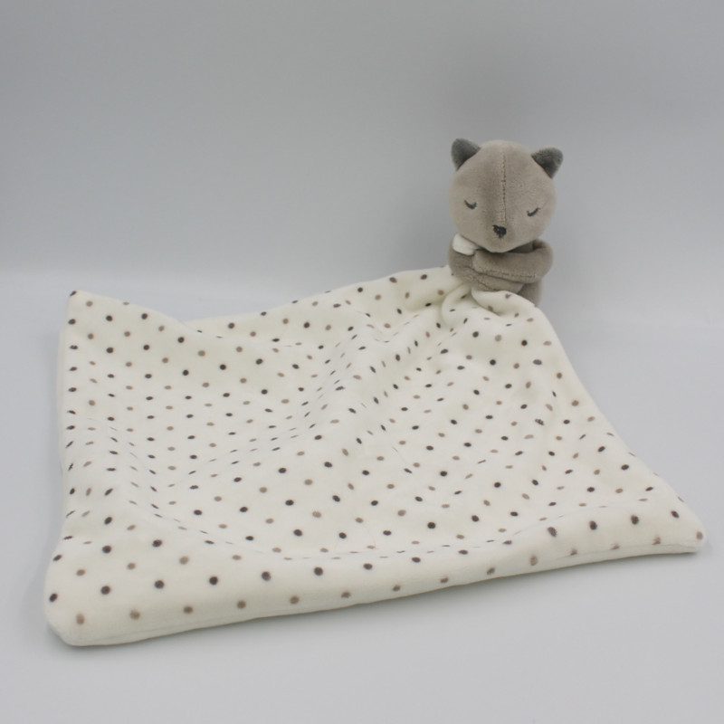 Doudou chat beige gris mouchoir blanc pois OBAIBI