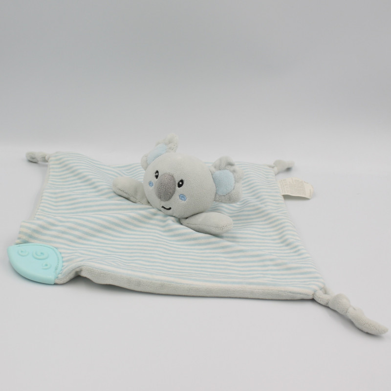 Doudou plat koala bleu blanc gris rayé