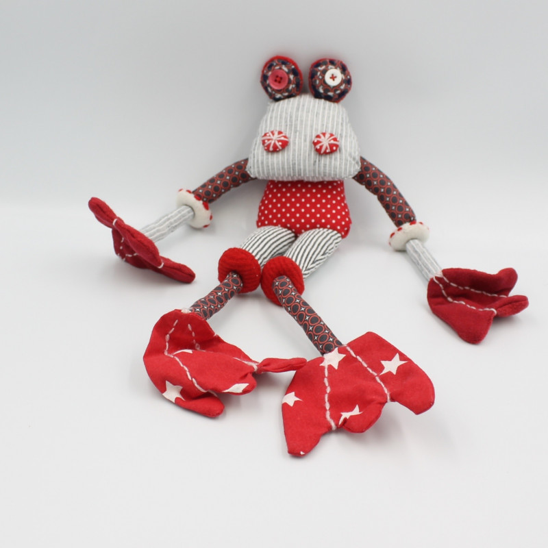 Doudou grenouille en tissu rouge gris noir pois