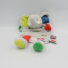 Doudou marionnette éléphant gris bleu vert rouge étiquettes INFLUX